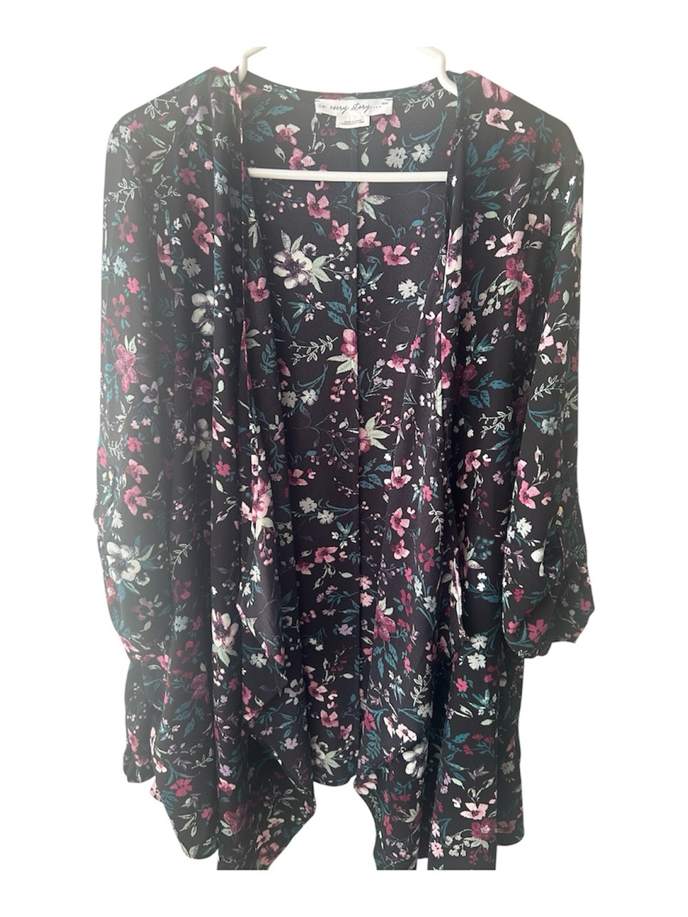 Floral Open-Front Kimono Cardigan - Black with Pink & Teal Flowers- NWOT